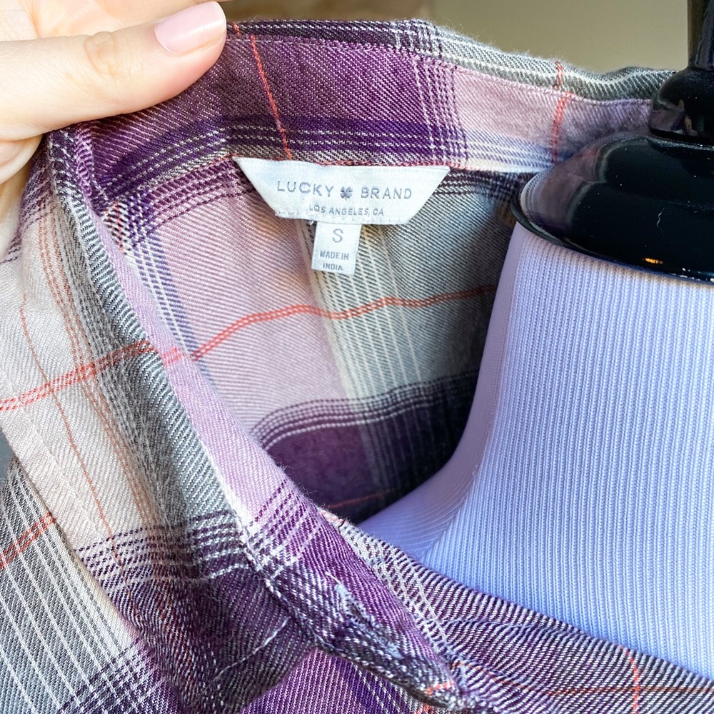 Lucky Brand Plaid Purple Cream Long Sleeve Flannel with Back Button Detail Small - Picture 4 of 9